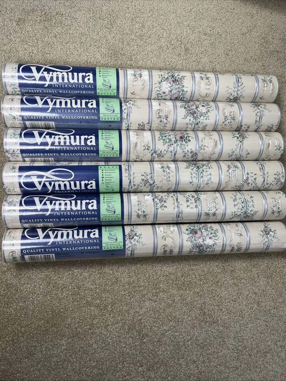 VTG 6 Vymura International Quality‎ Vinyl Wallcovering 56 SQFT Floral Cottage UK